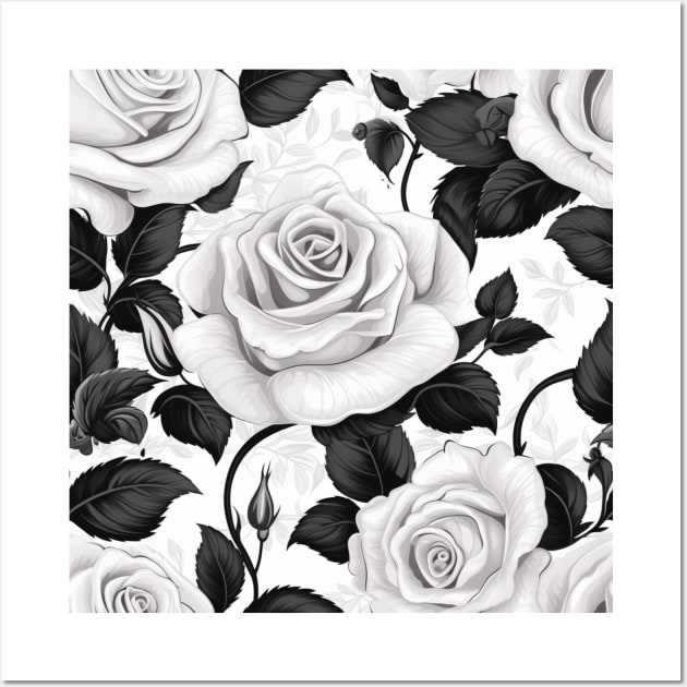 White Rose with black leaves pattern, classic vintage design Wall Art by HSH-Designing